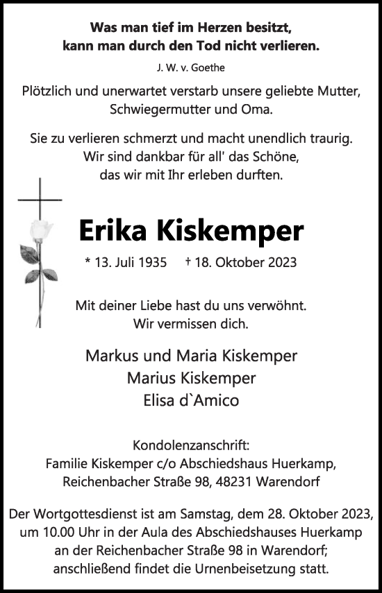 Traueranzeige von Erika Kiskemper von Die Glocke