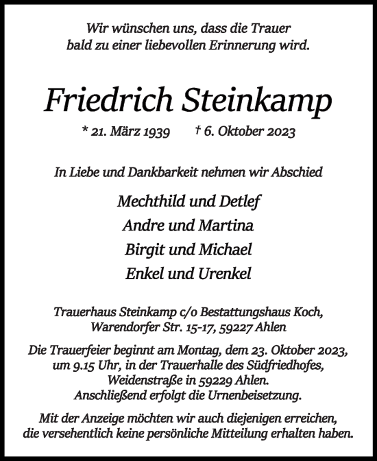 Traueranzeige von Friedrich Steinkamp von Die Glocke