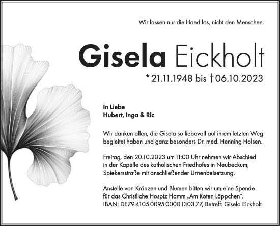 Traueranzeige von Gisela Eickholt von Die Glocke