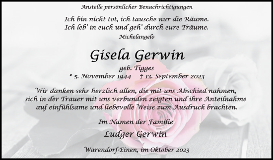 Traueranzeige von Gisela Gerwin von Die Glocke