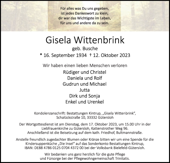 Traueranzeige von Gisela Wittenbrink von Die Glocke