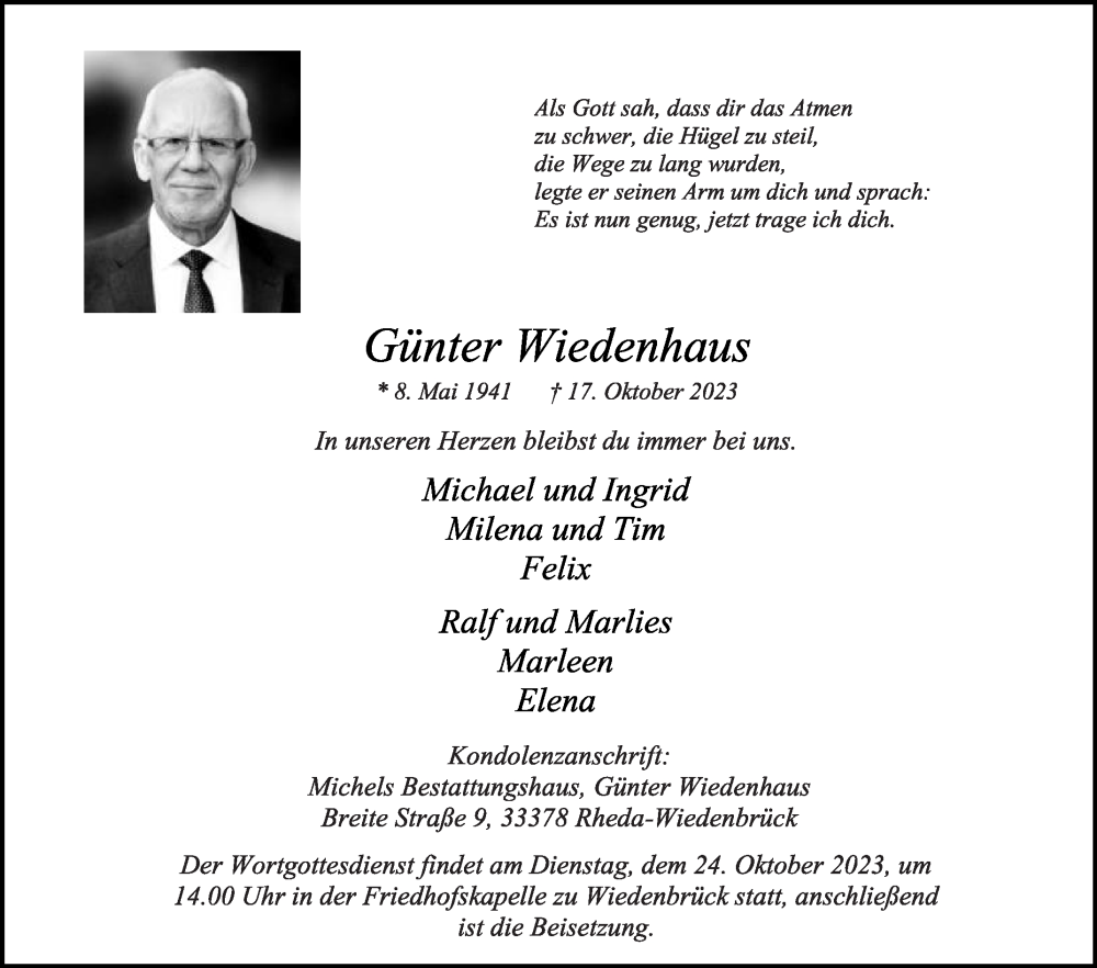  Traueranzeige für Günter Wiedenhaus vom 21.10.2023 aus Die Glocke