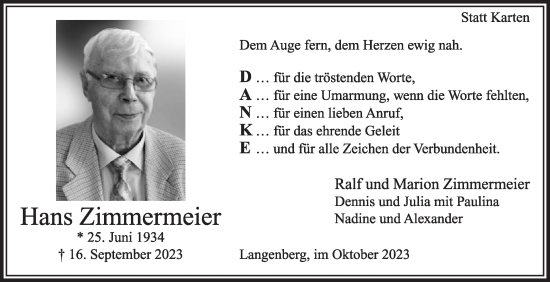 Traueranzeige von Hans Zimmermeier von Die Glocke