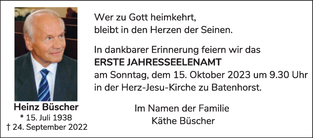  Traueranzeige für Heinz Büscher vom 11.10.2023 aus Die Glocke