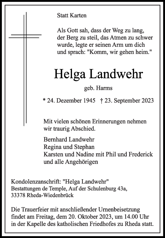 Traueranzeige von Helga Landwehr von Die Glocke