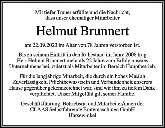 Traueranzeige von Helmut Brunnert von Die Glocke