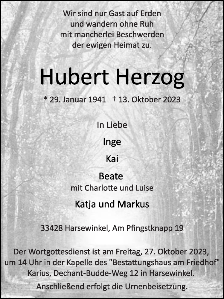  Traueranzeige für Hubert Herzog vom 21.10.2023 aus Die Glocke