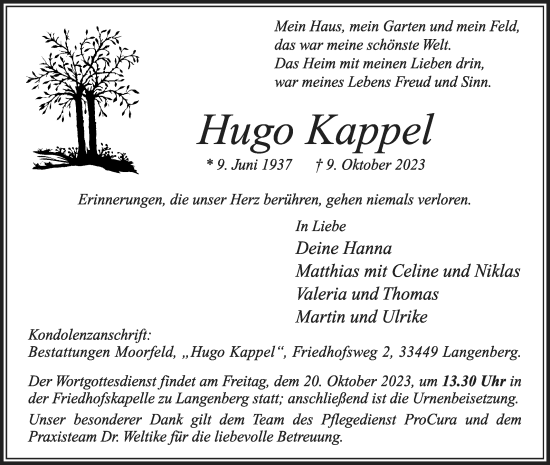 Traueranzeige von Hugo Kappel von Die Glocke