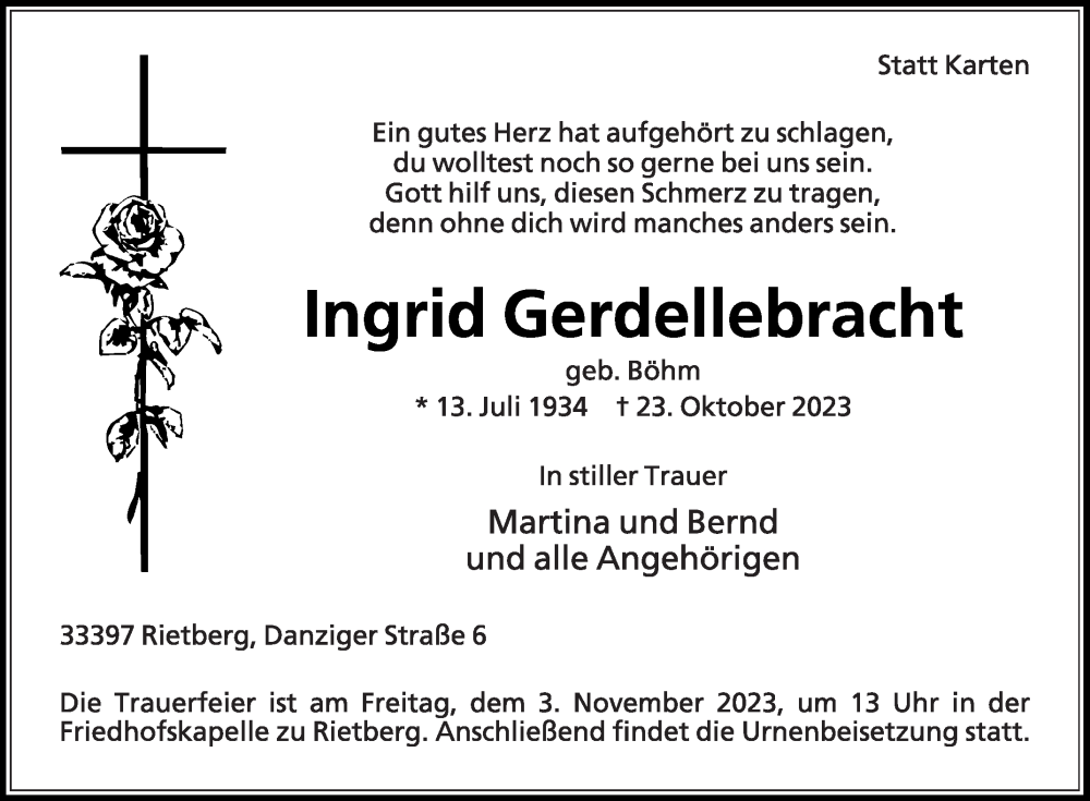  Traueranzeige für Ingrid Gerdellebracht vom 28.10.2023 aus Die Glocke