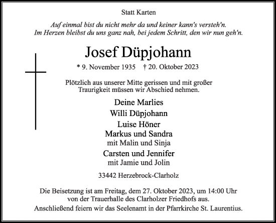 Traueranzeige von Josef Düpjohann von Die Glocke