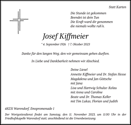 Traueranzeige von Josef Kiffmeier von Die Glocke