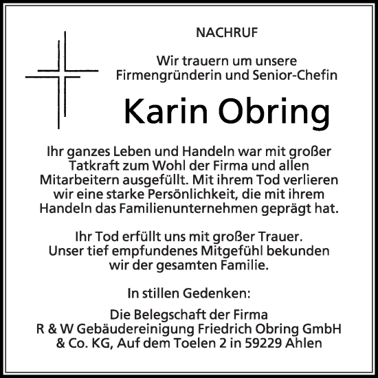 Traueranzeige von Karin Obring von Die Glocke