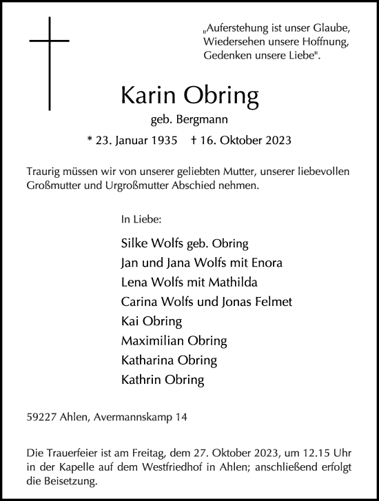 Traueranzeige von Karin Obring von Die Glocke