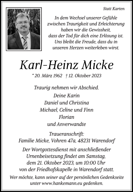 Traueranzeige von Karl-Heinz Micke von Die Glocke