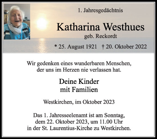 Traueranzeige von Katharina Westhues von Die Glocke