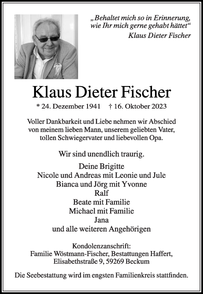  Traueranzeige für Klaus Dieter Fischer vom 21.10.2023 aus Die Glocke