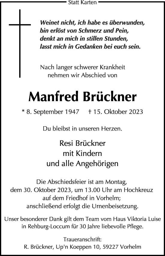 Traueranzeige von Manfred Brückner von Die Glocke