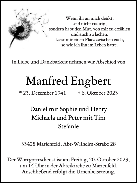 Traueranzeige von Manfred Engbert von Die Glocke