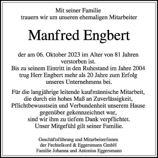 Traueranzeige von Manfred Engbert von Die Glocke