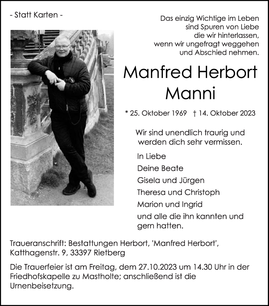  Traueranzeige für Manfred Herbort vom 21.10.2023 aus Die Glocke