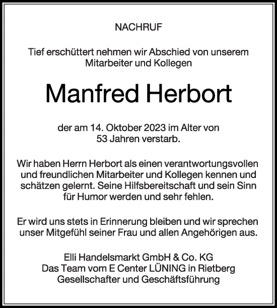 Traueranzeige von Manfred Herbort von Die Glocke