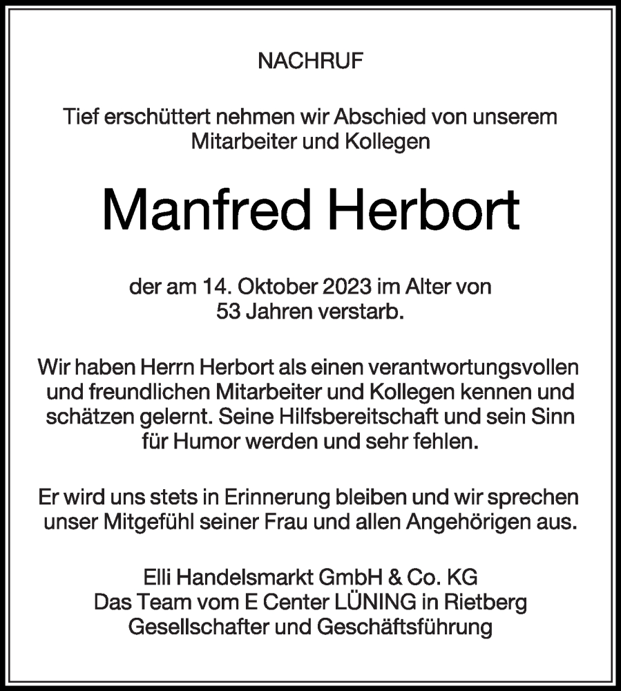  Traueranzeige für Manfred Herbort vom 21.10.2023 aus Die Glocke