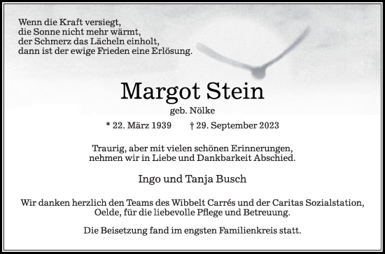 Traueranzeige von Margot Stein von Die Glocke