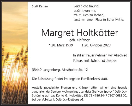 Traueranzeige von Margret Holtkötter von Die Glocke