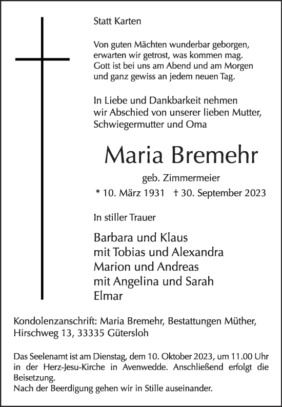 Traueranzeige von Maria Bremehr von Die Glocke