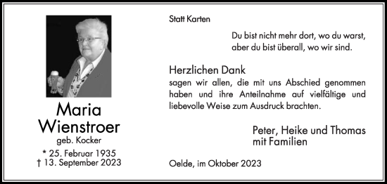 Traueranzeige von Maria Wienstroer von Die Glocke