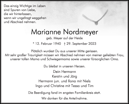 Traueranzeige von Marianne Nordmeyer von Die Glocke