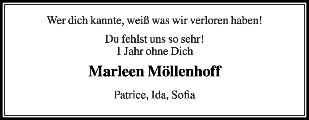  Traueranzeige für Marleen Möllenhoff vom 17.10.2023 aus Die Glocke