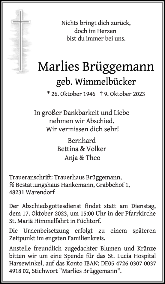 Traueranzeige von Marlies Brüggemann von Die Glocke