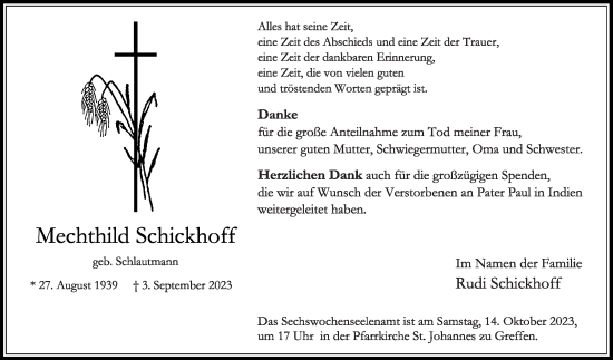 Traueranzeige von Mechthild Schickhoff von Die Glocke
