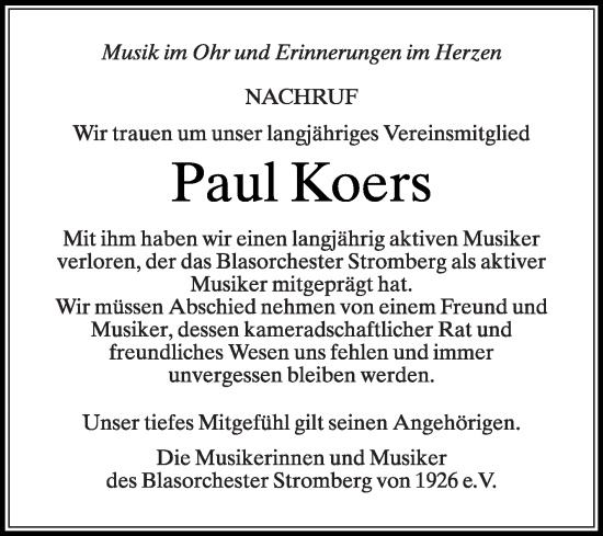 Traueranzeige von Paul Koers von Die Glocke