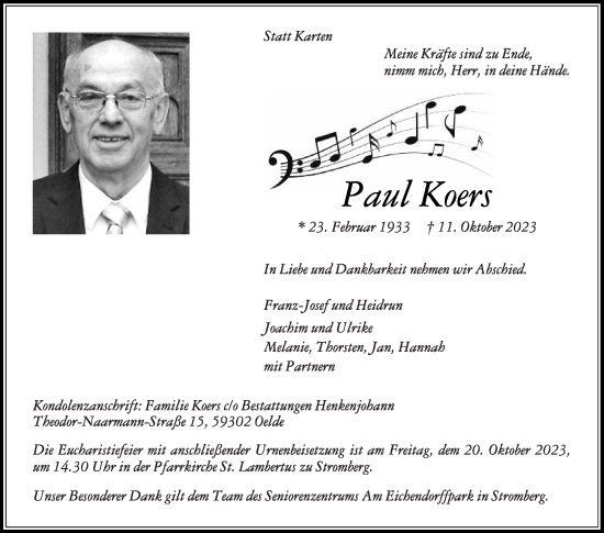 Traueranzeige von Paul Koers von Die Glocke