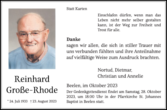 Traueranzeige von Reinhard Große-Rhode von Die Glocke