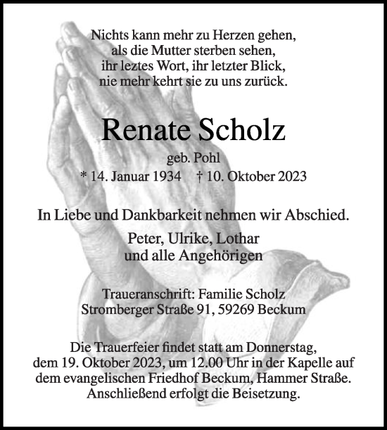 Traueranzeige von Renate Scholz von Die Glocke