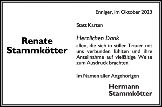 Traueranzeige von Renate Stammkötter von Die Glocke