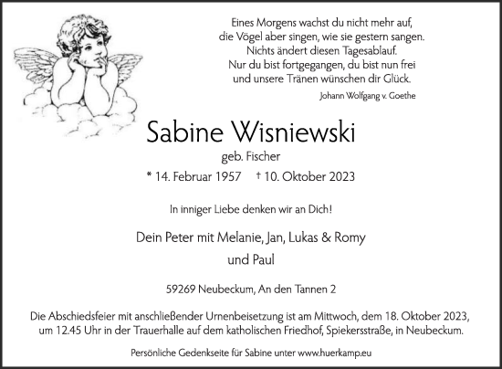 Traueranzeige von Sabine Wisniewski von Die Glocke