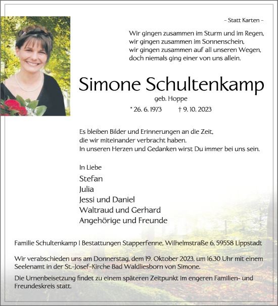 Traueranzeige von Simone Schultenkamp von Die Glocke