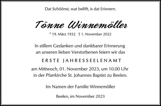 Traueranzeige von Tönne Winnemöller von Die Glocke