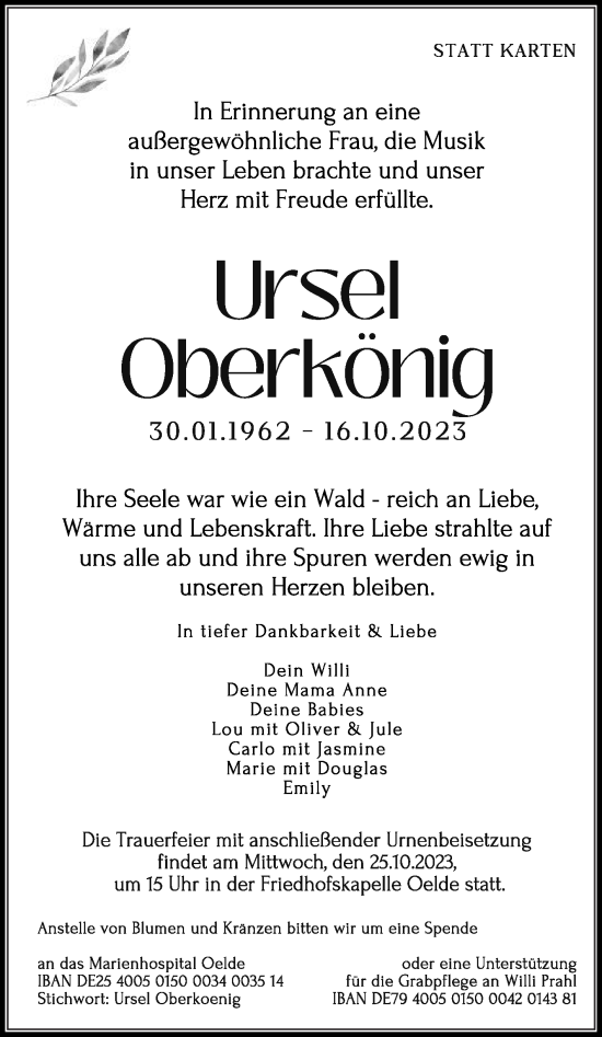 Traueranzeige von Ursel Oberkönig von Die Glocke