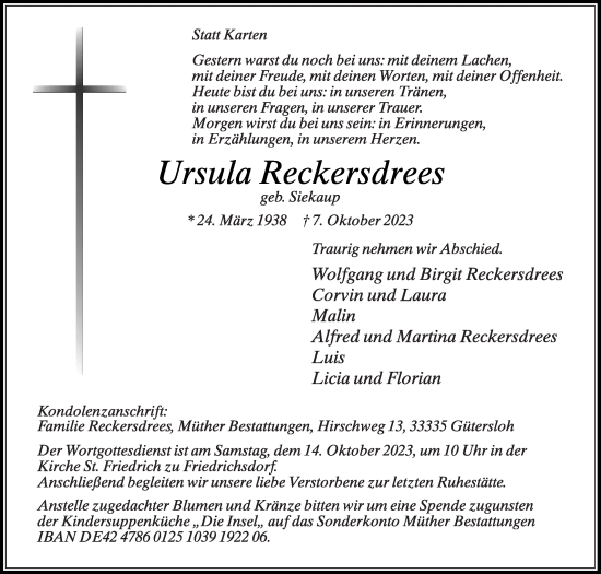 Traueranzeige von Ursula Reckersdrees von Die Glocke