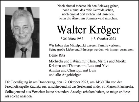 Traueranzeige von Walter Kröger von Die Glocke