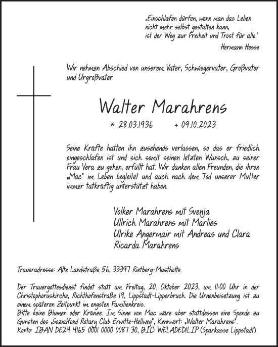 Traueranzeige von Walter Marahrens von Die Glocke