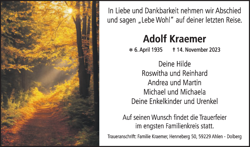  Traueranzeige für Adolf Kraemer vom 18.11.2023 aus Die Glocke