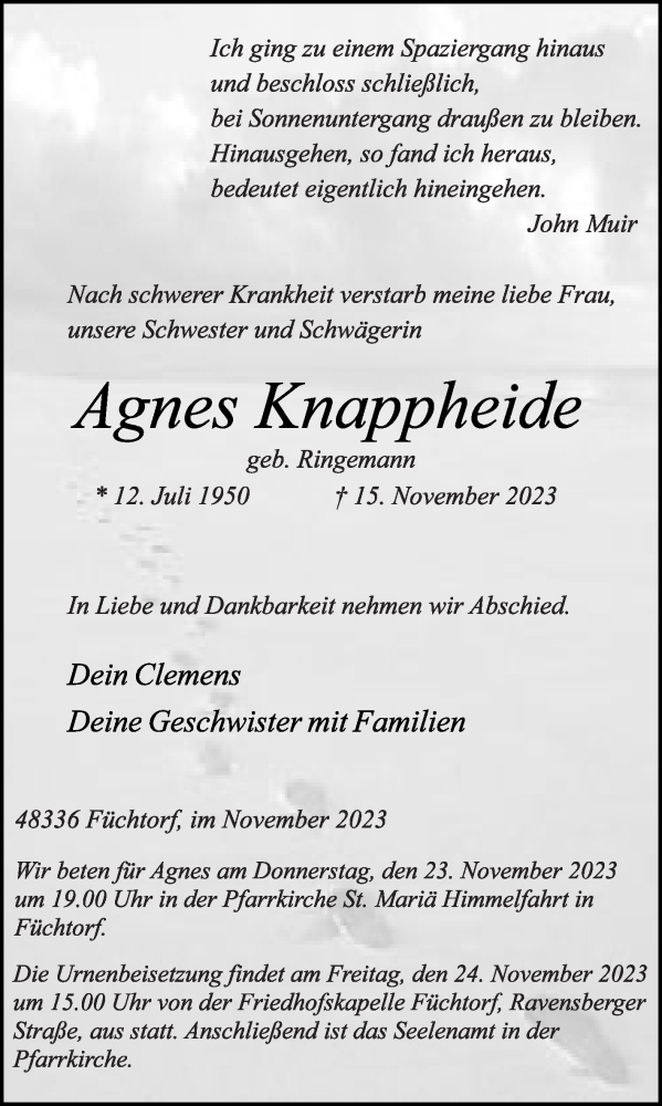  Traueranzeige für Agnes Knappheide vom 21.11.2023 aus Die Glocke