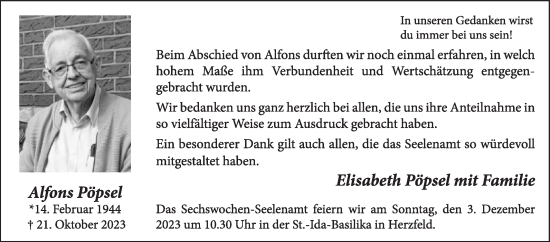 Traueranzeige von Alfons Pöpsel von Die Glocke