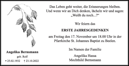 Traueranzeige von Angelika Bernsmann von Die Glocke